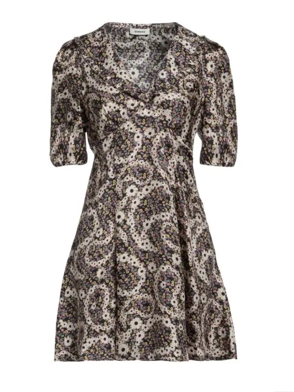 Sandro Black and Cream Floral Paisley Mini Dress